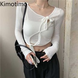 Kimotimo zomer tweedelige set vrouwen koreaanse mode ontwerp riem lange mouwen effen korte t-shirt + All-match kleine vest vestidos 211109