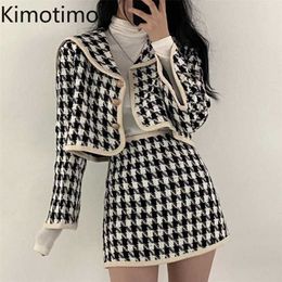 Kimotimo Vrouwen Plaid Tweed Set Koreaanse ins Vintage Sailor Collar Lange Mouwen Gewasjas + Hoge Taille Mini Rok Twee Stuk Sets 211108