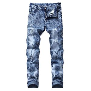 KIMSERE Mode Hommes Déchiré Jeans Pantalon Stretch Distressed Denim Pantalon Avec Trous Droite Plus La Taille 30-44 Lavé Blue205e