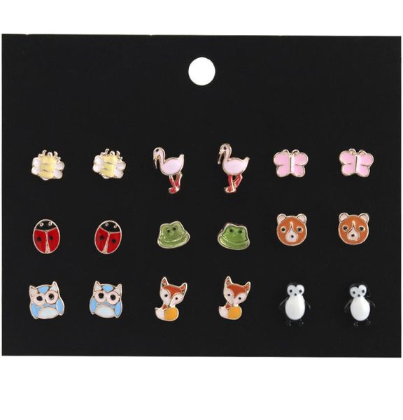 Kimter Ensemble de boucles d'oreilles hypoallergéniques en forme d'animaux mignons - Hibou coccinelle - Boucles d'oreilles piercing pour filles et femmes - Accessoires cadeau pour enfants H35230028