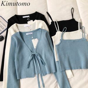 Kimutomo Casual Fasion 2 piezas conjunto mujer sólido cuello en V manga larga con cordones cárdigan de punto corto y Camis prendas de punto elegante 210521