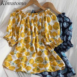 Kimutomo décontracté champignon pli Floral Blouse femmes Slash cou épaules dénudées mince coréen manches bouffantes chemise été mode 210521