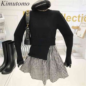 Kimutomo casual patchwork jurk vrouwen onregelmatige nep twee stuk plaid vrouwelijke O-hals lange mouw vestido mini elegante 210521