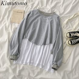 Kimutomo chic casual sweatshirt vrouwen lente koreaanse stijl nep twee stuk O-hals lange mouw solide trui uitloper mode 210521