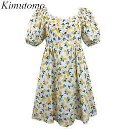 Kimutomo chique bloemen jurken vrouwen off schouder slash nek korte bladerdeeg slanke hoge taille robe vrouwelijke zoete zomer 210521