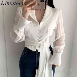 Kimutomo chic turn-down kraag blouse vrouwen lente effen single breasted korte shirt dames lace up elegante tops 210521