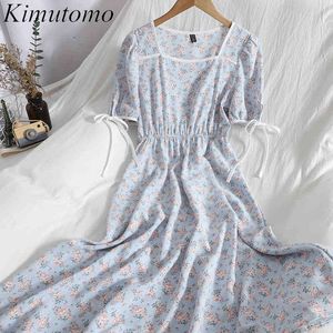 Kimutomo couleur contraste nœud robes à lacets manches courtes bouffantes col carré imprimé fleuri Robe taille mince Vestido Feminino 210521