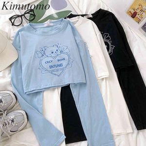 Kimutomo schattige kitten brief print t-shirt vrouwen o hals lange mouwen slanke taille korte wilde top lente koreaans chic casual 210521