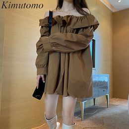 Kimutomo elegante Casual Slash cuello mujer camisa y blusa primavera moda señoras fuera del hombro manga larga Top Chic 210521