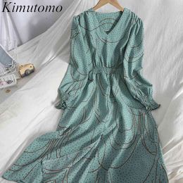 Kimutomo elegante vestido de punto mujeres primavera estilo coreano femenino con cuello en v color contraste dividido cintura alta manga de soplo vestidos 210521