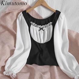 KIMUTOMO Elegant Kant Patchwork Blouse Dames Vierkante Kraag Contrast Kleur Gane Boog Puff Sleeve Short Shirt Mode 210521