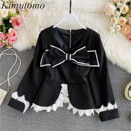 Kimutomo elegante kant patchwork vrouwen blouses shirt mode ruches Franse stijl vierkante kraag boog lange mouw korte tops 210521