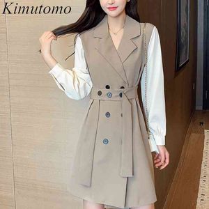 Kimutomo élégantes robes crantées femmes contraste couleur lambrissé patchwork taille mince bureau dame à manches longues robe élégante 210521