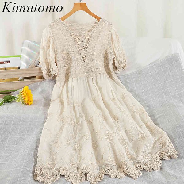 Kimutomo élégant rétro dentelle Robe femmes Hong Kong Style été femme col rond manches courtes taille haute solide Robe mode 210521