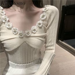 Kimutomo elegante suéter de punto sólido mujeres estilo francés o-cuello flores tridimensionales delgado manga larga top corto 210521