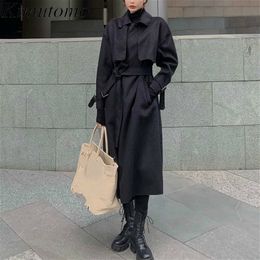 Kimutomo elegante winterjas vrouwen mode wollen jassen massief turn-down kraag lange slanke Koreaanse riem uitloper losse 210521