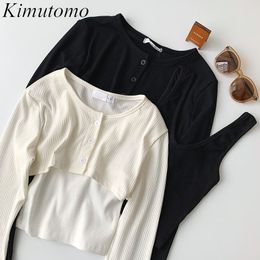 Kimutomo, traje elegante para mujer, moda de primavera, manga larga, cuello redondo, cárdigan fino corto de un solo pecho, Tops + tirantes sólidos informales 210521