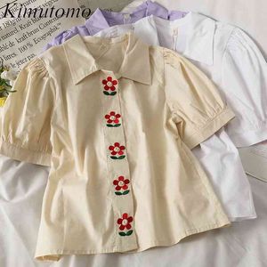 Kimutomo bloemen geborduurde blouse vrouwen single-breasted shirt vrouwelijke zomer slanke effen kleur korte mouw top elegante 210521