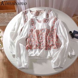Kimutomo franse zoete nep tweedelige shirt vrouw zomer o-hals floral print lange mouwen korte top casual mode 210521