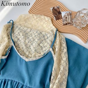 Kimutomo zachte mode casual sets lente mode meisjes lange mouw tops + massief blauwe slanke taille sling jurk elegant 210521