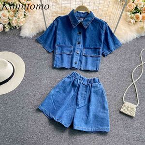 Kimutomo hong kong tooling stijl pak vrouwen elegante korte mouw denim shirt tweedelige zomer Koreaanse retro wijd been shorts 210521