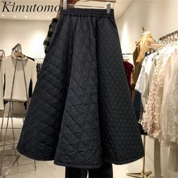 Kimutomo korea retro vrouwen rokken herfst winter elastische hoge taille diamant geweven massief kleur a-lijn bodems femme 220317