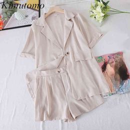 KIMUTOMO KOREAN Pak Vrouwen Dames Korte Mouw Blazer + Zomer Mode Effen Hoge Taille Wide Been Shorts Casual 2 Stuk Set 210521