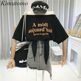 Kimutomo Carta Impresión Off Hombro Mujeres Camiseta Corea Chic Verano Damas Sueltas Slash Cuello Manga corta Tie Tops 210521