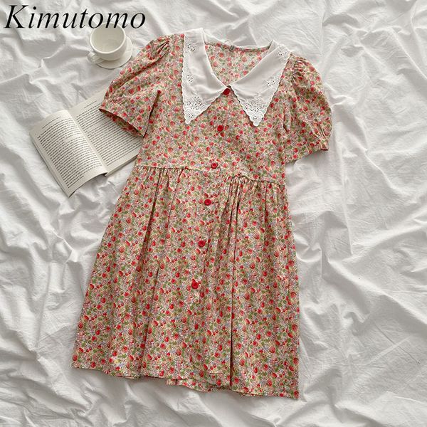 Kimutomo Peter Pan Collar Vestido Sweet Girls Verano Coreano Manga corta Soplo Solo Pecho Slim Cintura Mini Vestido Elegante 210521