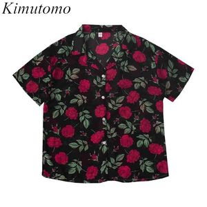 Kimutomo rose print blouse zomer hong kong stijl retro vakantie wind dunne chiffon shirt vrouwen korte mouw casual top 210521