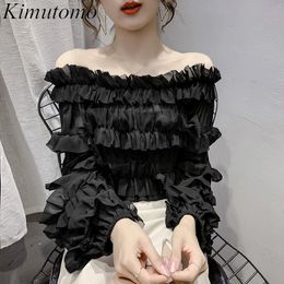 Kimutomo ruches chiffon blouse lente mode meisjes slash nek off schouder flare mouw korte shirt elegante casual 210521