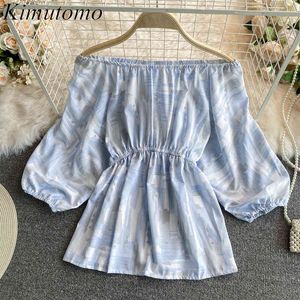 KIMUTOMO SLASH Hals Off Shoulder Shirt Dames Zomer Print Slim Hoge Taille Dunne korte Puff Sleeve Blouse Elegant Femme 210521