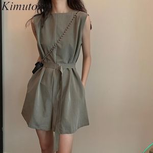 Kimutomo sin mangas mono mono verano estilo coreano femenino o-cuello delgado alta cintura sólido juguete de moda casual 210521