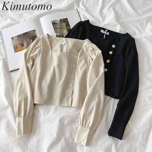 Kimutomo solide blouse dame lange mouwen shirt lente koreaanse chique vrouwelijke vierkante kraag enkele breasted korte tops 210521