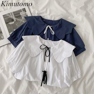 Kimutomo solide Blouse femmes Preppy Style printemps mode col claudine nœud à lacets à manches courtes chemise décontracté 210521