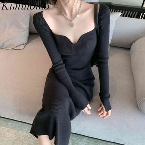 Kimutomo effen jurk vrouwen Koreaanse mode herfst dames zwarte v-hals slanke hoge taille gebreide vestido midi elegante 210521
