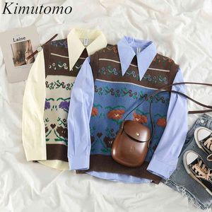 Kimutomo lente preppy stijl 2 stuk set vrouwen o-hals gebreide jacquard vest en casual turn-down kraag shirt mode 210521