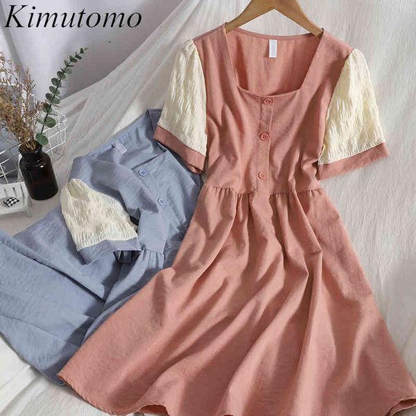 Kimutomo Robes à manches courtes cousues pour femmes Spring Summer Bouton-Down Col carré Coréen Robe douce rajeunissante 210521