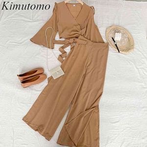 Kimutomo zomer sets vrouwen uit schouderverband chique korte tops + hoge taille split brede been broek vaste tweedelige pak 210521