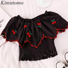 Kimutomo dulce bordado cereza blusa corta niñas Slash cuello fuera del hombro volantes camisa de manga corta verano Corea Chic 210521
