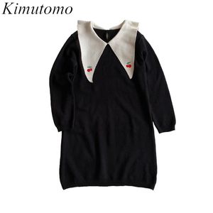 Kimutomo doux filles robe tricotée automne hiver corée Style frais femme col rabattu broderie robe élégante 210521