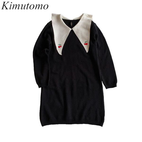 Kimutomo Sweet Girls vestido de punto Otoño Invierno Corea estilo fresco mujer Turn-down Collar bordado vestido elegante 210521