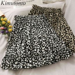 Kimutomo doux filles léopard impression jupes mode d'été coréen Chic femme élastique taille haute a-ligne Mini jupe 210521