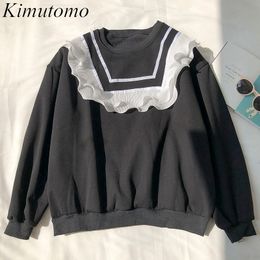 Kimutomo Sweet Girls Ruffles Patchwork O-cou Sweats Femme Solide Mince Polaire À Manches Longues Pulls Corée Chic Mode 210521