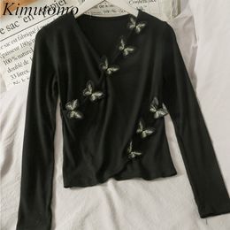 Kimutomo zoete meisjes t-shirts lente herfst vrouwelijke v-hals driedimensionale vlinder kruising korte tops Korea chic 210521