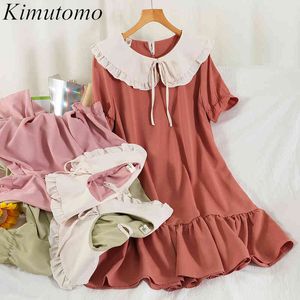 Kimutomo Sweet Peter Pan Col Robe Été Style Français Robe élégante Femme À Manches Courtes Slim Solide Une Ligne Robes 210521