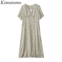 KIMUTOMO V-hals Retro Floral Jurk Dames Franse Stijl Zomer Vrouwelijke Elegante Korte Mouw Slanke Taille Lace Up Vestidos 210521