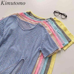 Kimutomo col en v rayé T-shirt femmes été coréen à manches courtes tout correspondant Chic haut fendu vêtements d'extérieur pour femmes décontracté 210521