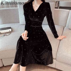 Kimutomo Vintage Style français Dot Robes noires Femmes Col V Manches longues Slim Taille haute Robes Printemps Automne Élégant 210521