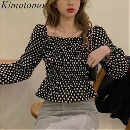 Kimutomo Vintage Femmes Polka Dot Blouses Style Français Printemps Femelle Slash Cou Papillon Manches Courtes Tops Mode 210521